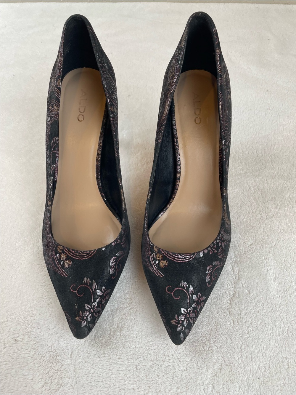 ALDO Black Pumps with Pink and Gold Floral Embroidery